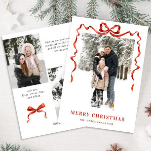 Festive Christmas Boho Red Bow Ribbon 3 Photo Holiday Card
