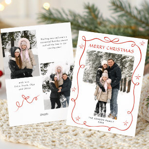 Festive Christmas Boho Red Bow Ribbon 3 Photo Holiday Card