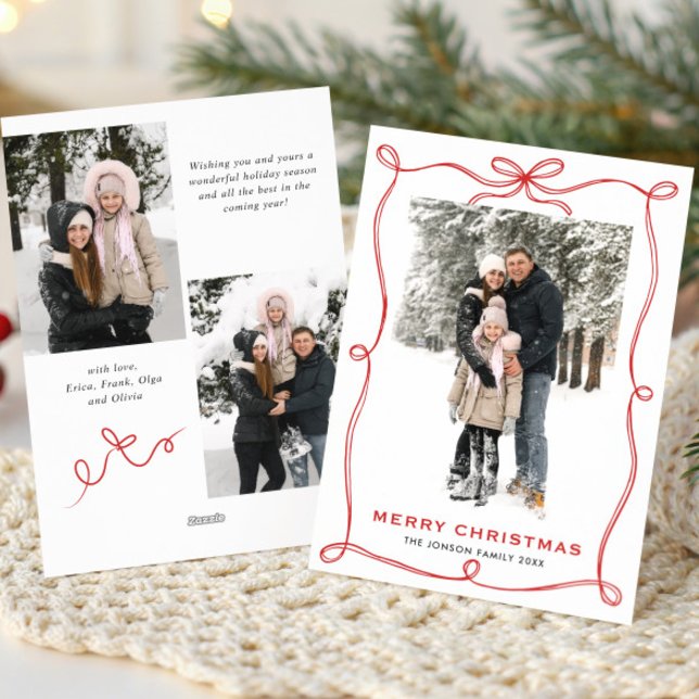 Festive Christmas Boho Red Bow Ribbon 3 Photo Holiday Card (Creator Uploaded)