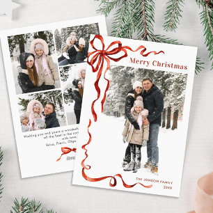Festive Christmas Boho Red Bow Ribbon 5 Photo Holiday Card