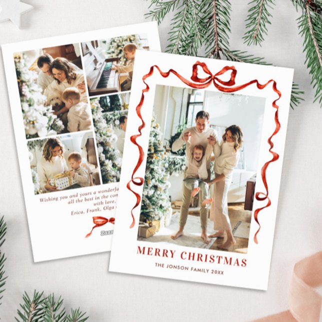 Festive Christmas Boho Red Bow Ribbon 5 Photo Holiday Card (Creator Uploaded)