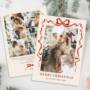 Festive Christmas Boho Red Bow Ribbon 5 Photo Holiday Card