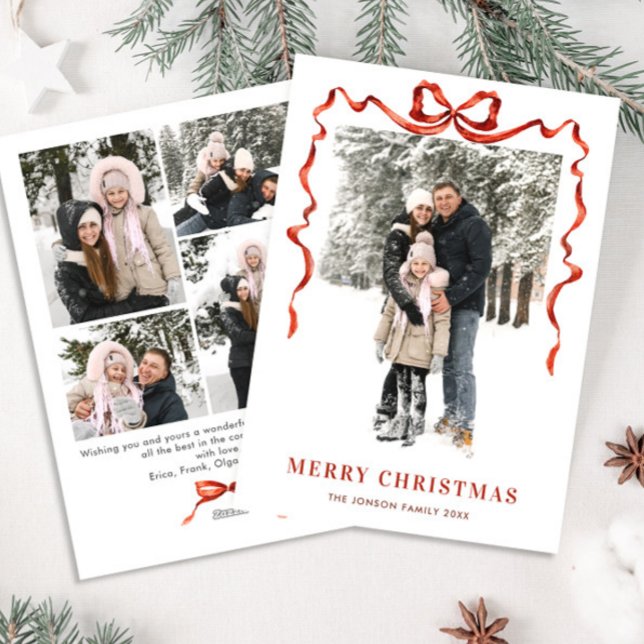 Festive Christmas Boho Red Bow Ribbon 5 Photo Holiday Card (Creator Uploaded)