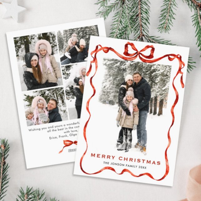 Festive Christmas Boho Red Bow Ribbon 5 Photo Holiday Card (Creator Uploaded)