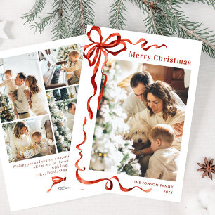 Festive Christmas Boho Red Bow Ribbon 5 Photo Holiday Card