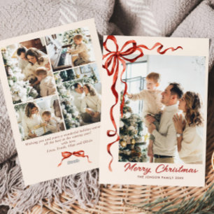 Festive Christmas Boho Red Bow Ribbon 5 Photo Holiday Card