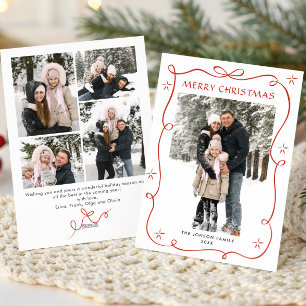 Festive Christmas Boho Red Bow Ribbon 5 Photo Holiday Card