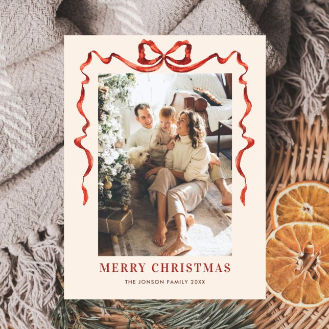 Festive Christmas Boho Red Bow Ribbon Photo Postcard (Creator Uploaded)