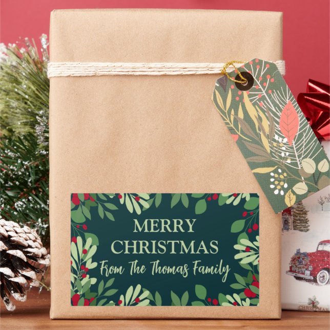 Festive Christmas Botanical Berries Family Name Rectangular Sticker (Holiday)