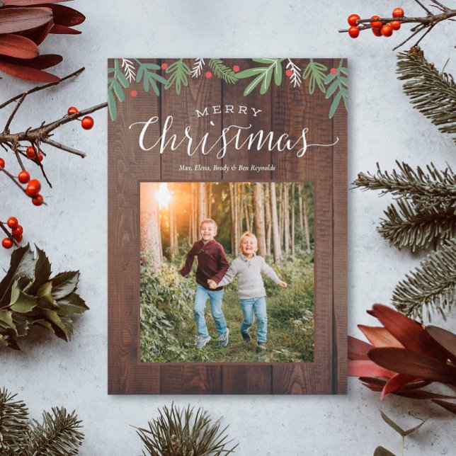 Festive Christmas Botanicals Rustic Wood Holiday Card (Creator Uploaded)