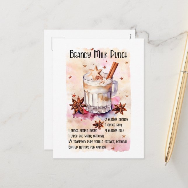 Festive Christmas Brandy Milk Punch recipe Holiday Postcard (Front/Back In Situ)