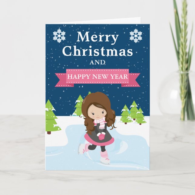 Festive Christmas Brunette Girl Ice Skater Holiday Card (Front)
