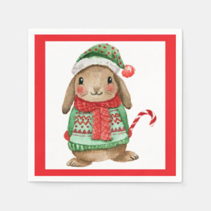 Festive christmas bunny with candy cane napkin