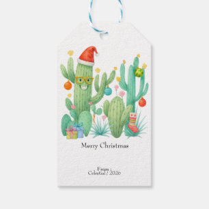 Festive Christmas Cactus with Santa Hat & Ornament Gift Tags