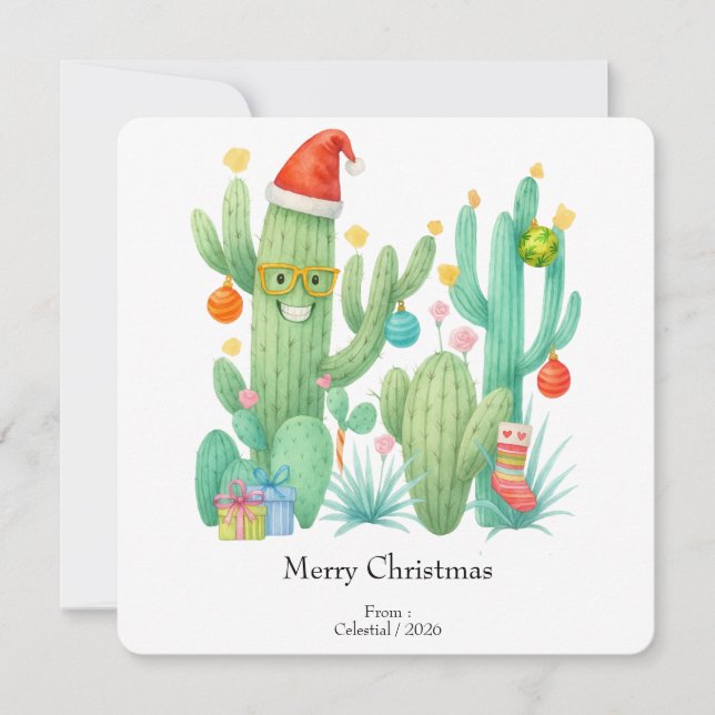 Festive Christmas Cactus with Santa Hat & Ornament Invitation (Front)