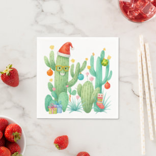 Festive Christmas Cactus with Santa Hat & Ornament Napkin