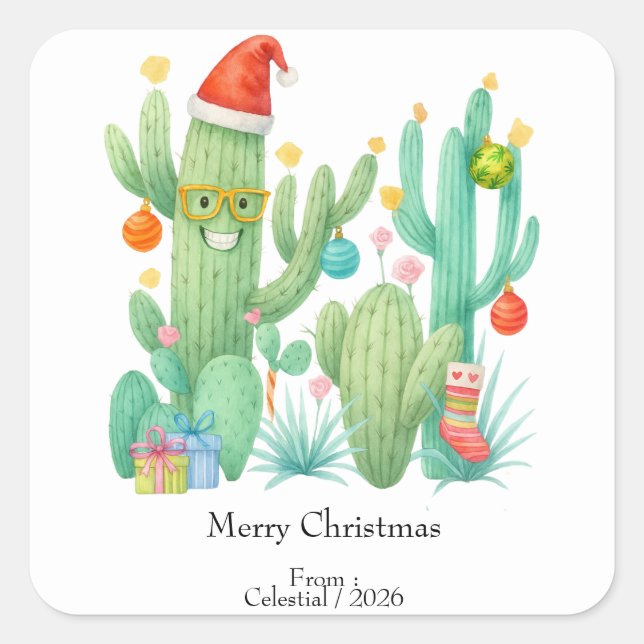 Festive Christmas Cactus with Santa Hat & Ornament Square Sticker (Front)