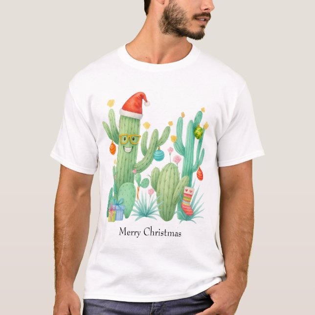 Festive Christmas Cactus with Santa Hat & Ornament T-Shirt (Front)