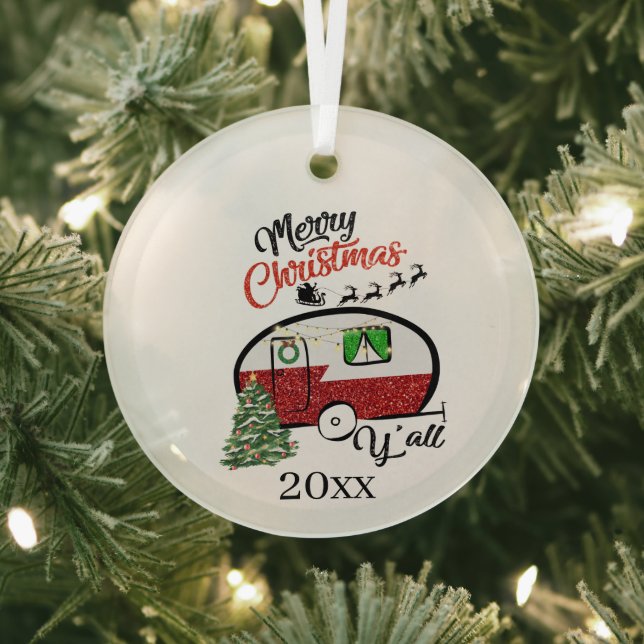 festive Christmas camper word art Glass Tree Decoration (Insitu)