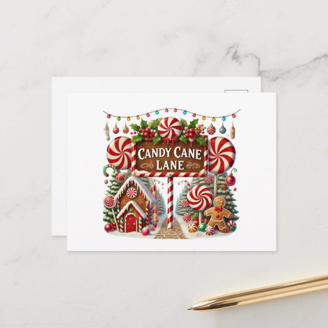Festive Christmas Candy Cane Lane  Holiday Postcard (Front/Back In Situ)