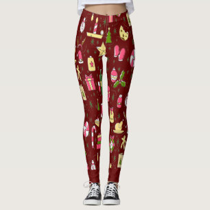 Festive Christmas Candy Pattern Red Background Leggings
