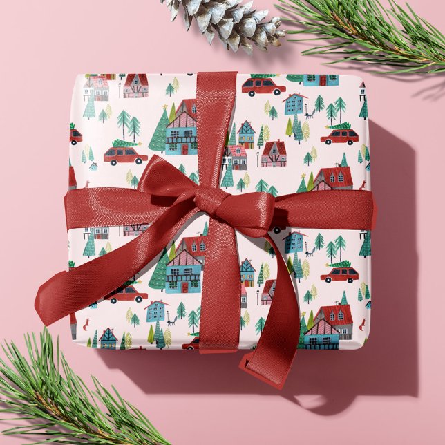 Festive Christmas Car Tree Village Pink Retro Car Wrapping Paper (Festive Christmas Car Tree Village Pink Retro Car Wrapping Paper)