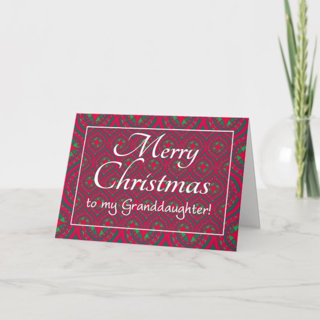Festive Christmas Card, Granddaughter Red, Green Holiday Card (Front)