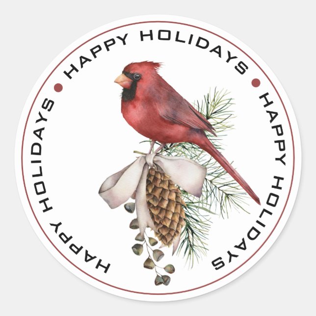 Festive  Christmas Cardinal HAPPY HOLIDAYS Classic Round Sticker (Front)