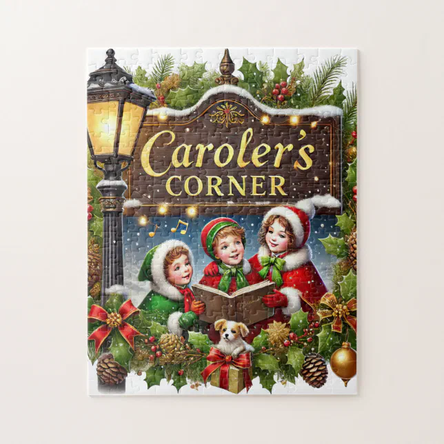 Corner Wrap Labelling Festive Christmas Caroler's corner Jigsaw Puzzle | Zazzle
