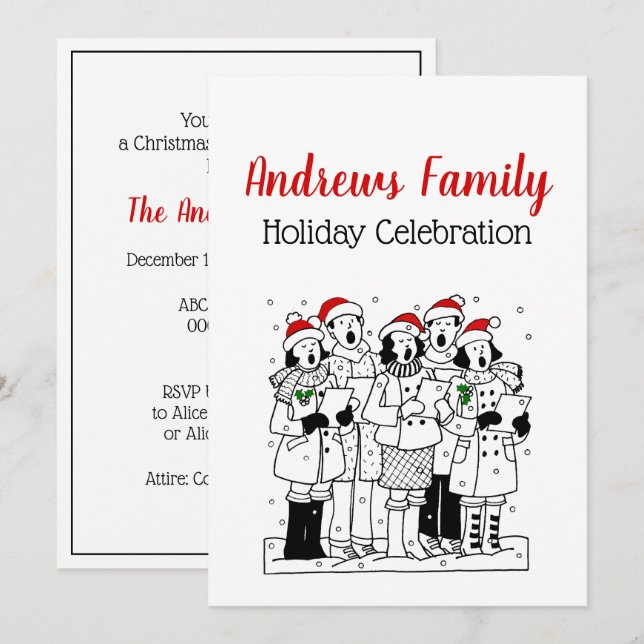 Festive Christmas Carolers with Snow Xmas Invitation (Front/Back)