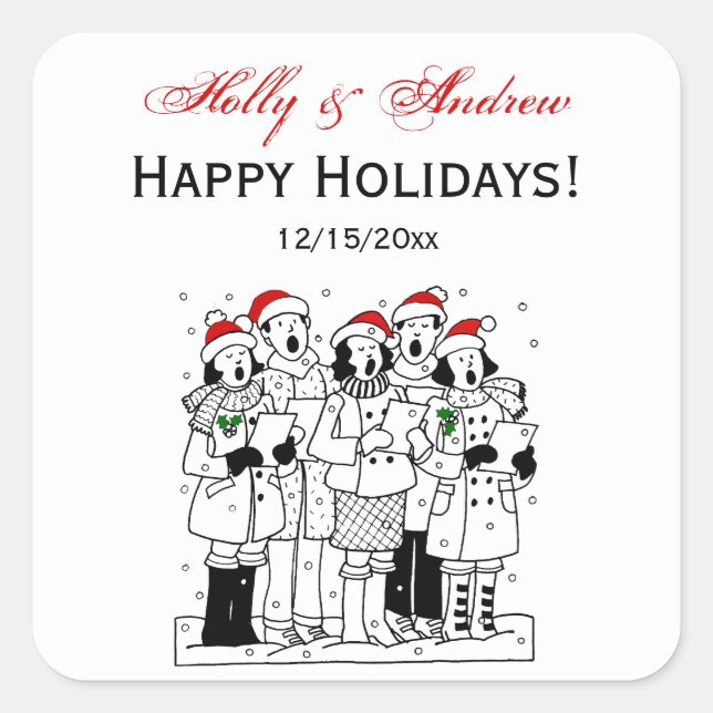 Festive Christmas Carolers with Snow Xmas Square Sticker (Front)