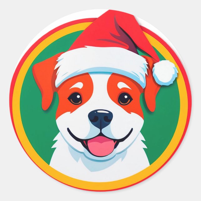 Festive Christmas Cartoon Dog Classic Round Sticker (Front)