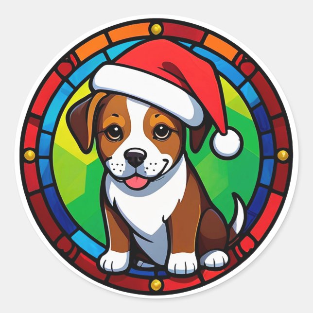 Festive Christmas Cartoon Dog Classic Round Sticker (Front)