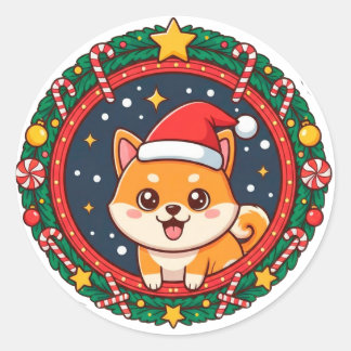 Festive Christmas Cartoon Dog Classic Round Sticker