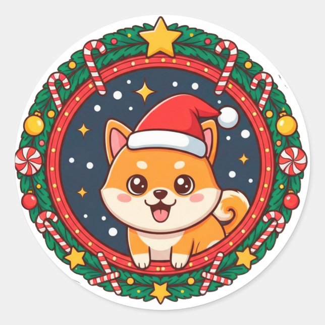 Festive Christmas Cartoon Dog Classic Round Sticker (Front)