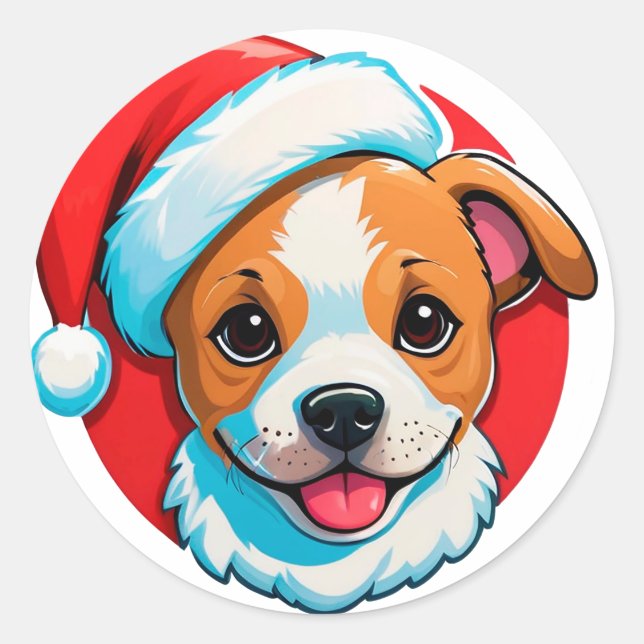Festive Christmas Cartoon Dog Classic Round Sticker (Front)