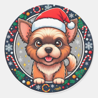 Festive Christmas Cartoon Dog Classic Round Sticker