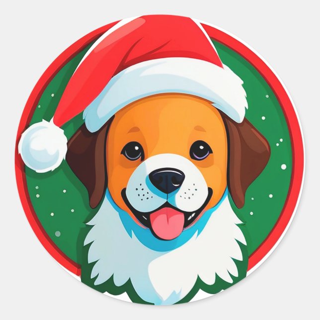 Festive Christmas Cartoon Dog Classic Round Sticker (Front)