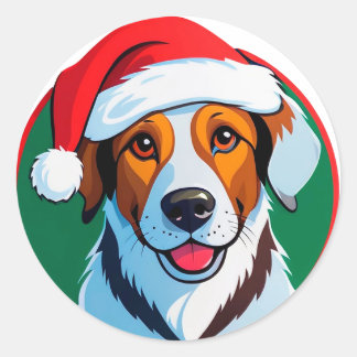 Festive Christmas Cartoon Dog Classic Round Sticker