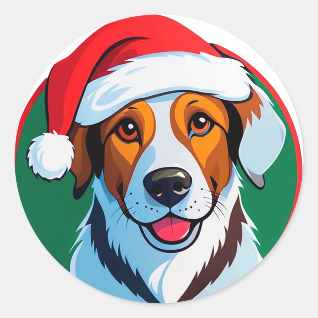 Festive Christmas Cartoon Dog Classic Round Sticker (Front)