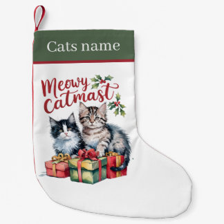 Festive Christmas cat add name Small Christmas Stocking