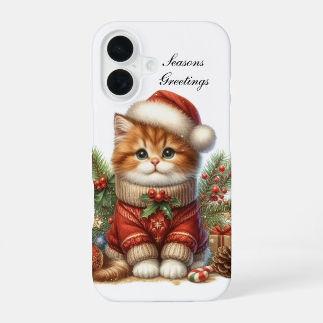 Festive Christmas Cat customisable  iPhone 16 Case (Back)