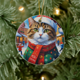 Festive Christmas Cat in Santa Hat Ceramic Tree Decoration