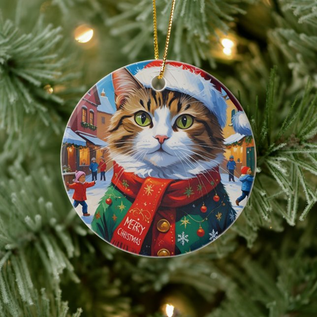 Festive Christmas Cat in Santa Hat Ceramic Tree Decoration (Tree)