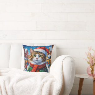Festive Christmas Cat in Santa Hat Cushion