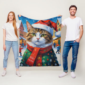 Festive Christmas Cat in Santa Hat Fleece Blanket