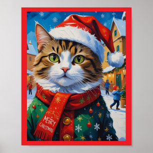 Festive Christmas Cat in Santa Hat Poster