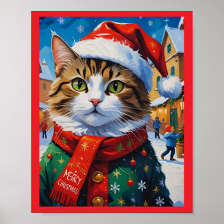 Festive Christmas Cat in Santa Hat Poster