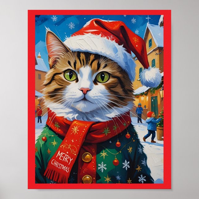 Festive Christmas Cat in Santa Hat Poster (Front)