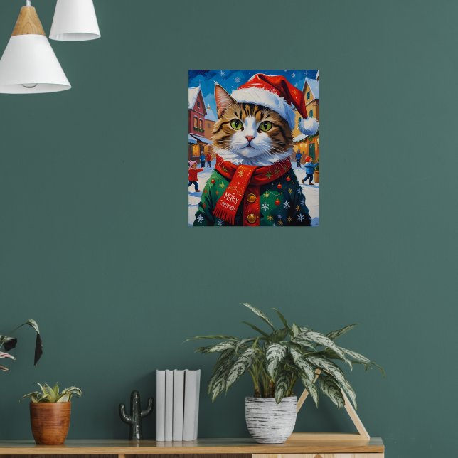Festive Christmas Cat in Santa Hat Poster (Living Room 1)